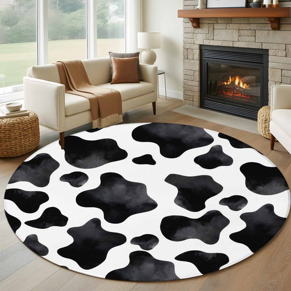 Large Round Rug 8Ft Washable Non-Slip, Cow Printed Circle Area Rugs for Living Room Bedroom, Farmhouse Black White Animals Textured Indoor Floor Mats Carpet Runner for Home Decor