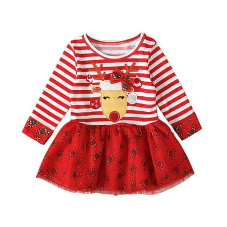 

Baby Girls Christmas Dress Toddler Elk Pattern Dress Striped Tulle Dresses Long Sleeve Princess Tutu Dress Holiday Party Dress
