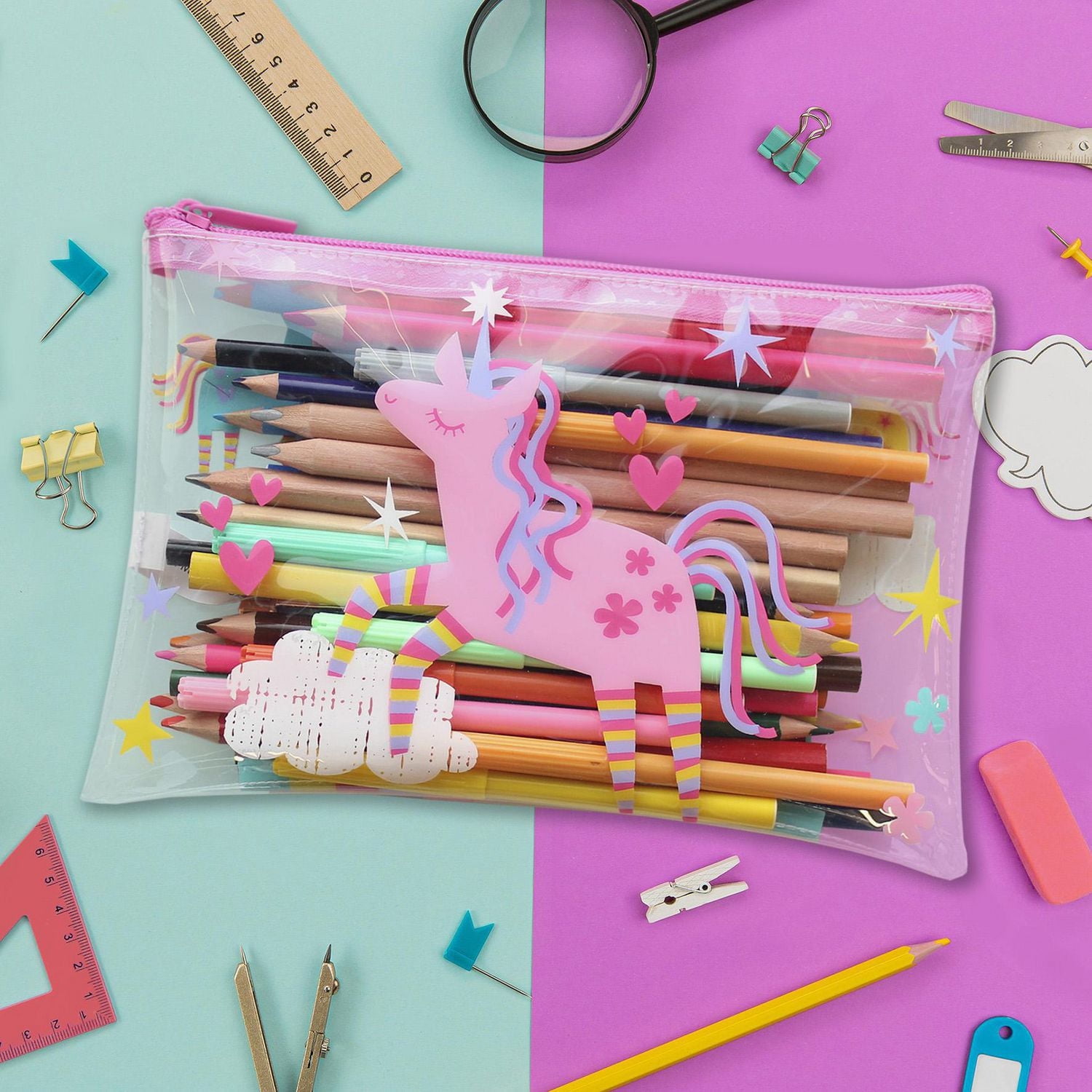 Pen + Gear Clear Flat Pencil Pouch with Unicorn & Rainbow Design