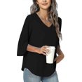 thumbnail image 1 of 2023 Summer Women Casual Shirt, V-neck Loose Tunic Top For Leggings, Split 3/4 Sleeves Chiffon Blouse, 1 of 3