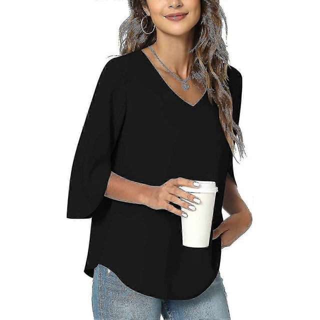 2023 Summer Women Casual Shirt, V-neck Loose Tunic Top For Leggings, Split 3/4 Sleeves Chiffon Blouse