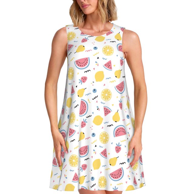 Easygdp Watermelon And Lemon para Vestido Transpirable de Mujer, Vestido Suelto de Manga Corta con Pliegues y Bolsillos para el Verano