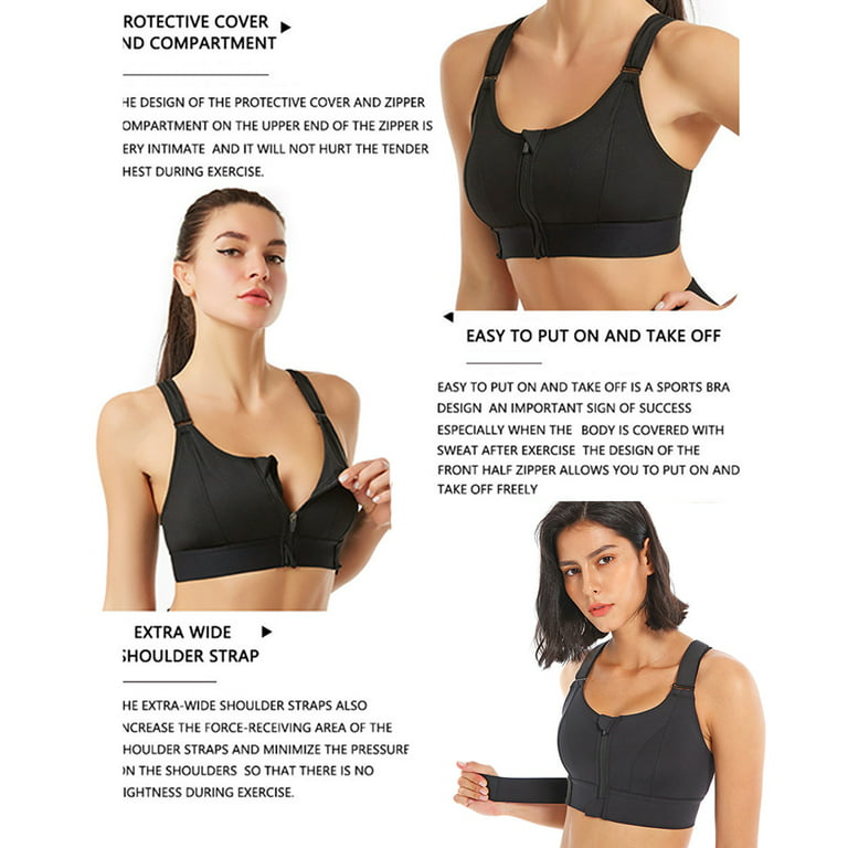 Elbourn Women's Zip Solid Sports Bra Front Zip Stretch Fitness Top Workout  Yoga Sports Bra Black 