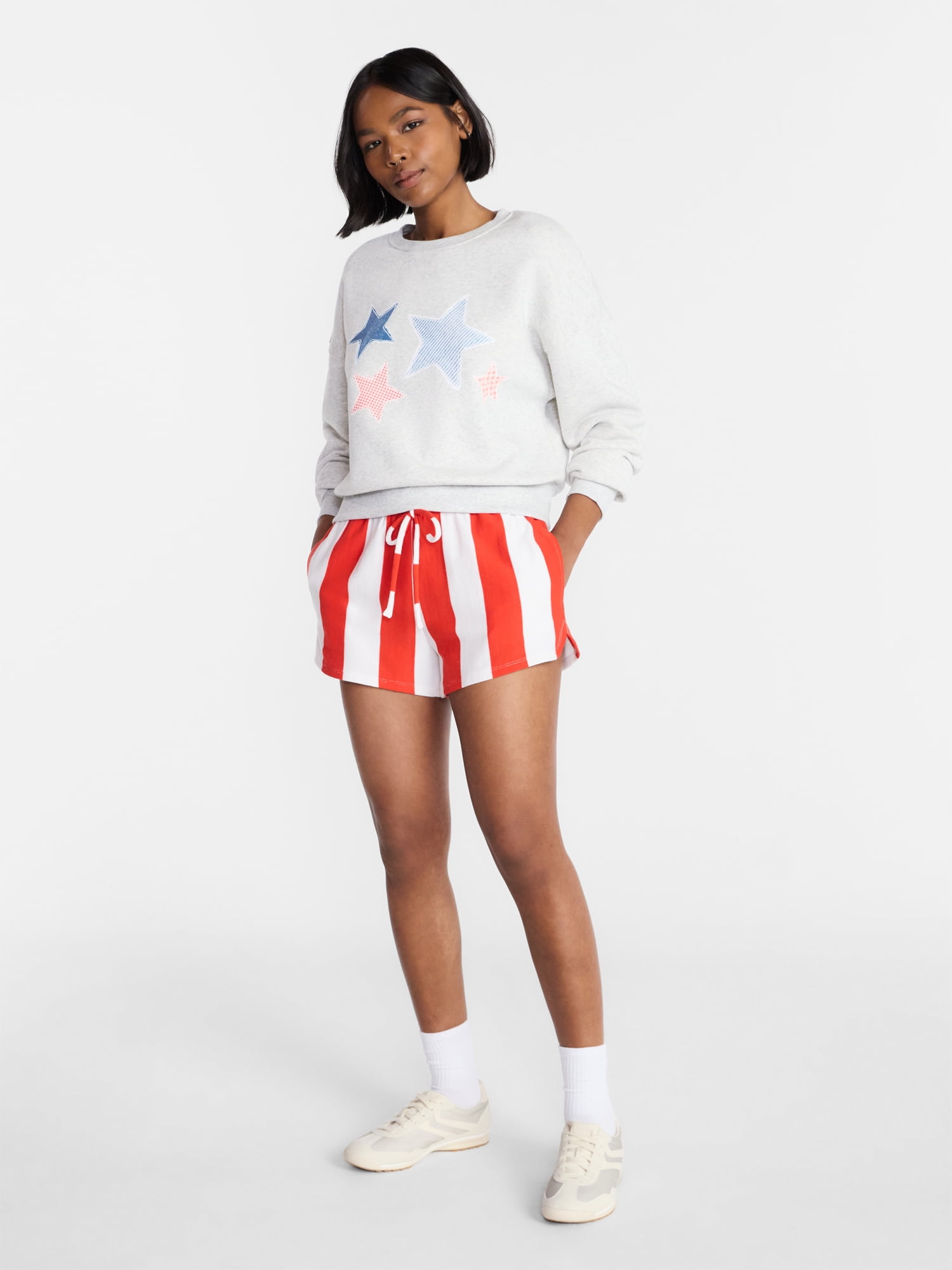 No Boundaries Striped French Terry Baja Shorts, Women's and Women's Plus