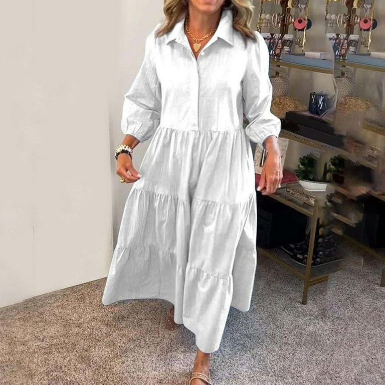 Smihono Women's Loose Fit Puff Sleeve Maxi Tiered Babydoll Dress Collared V-Neck Cotton Long Button Down Cotton Linen Dresses White XXL Smihono Women's Loose Fit Puff Sleeve Maxi Tiered Babydoll Dress Collared V-Neck Cotton Long Button Down Cotton Linen Dresses White XXL