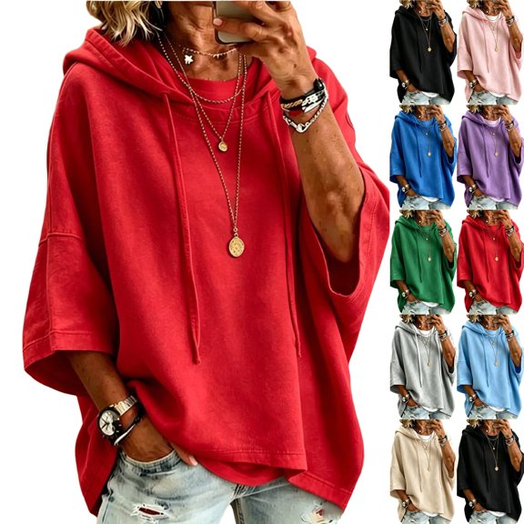 Women's Fashion Batwing Sleeve Sports Hoodies | Baggy Versatile Crew Neck Pullover Hooded Tops Fall Casual Loose Trendy Beach Vacation Travel,Red,XL