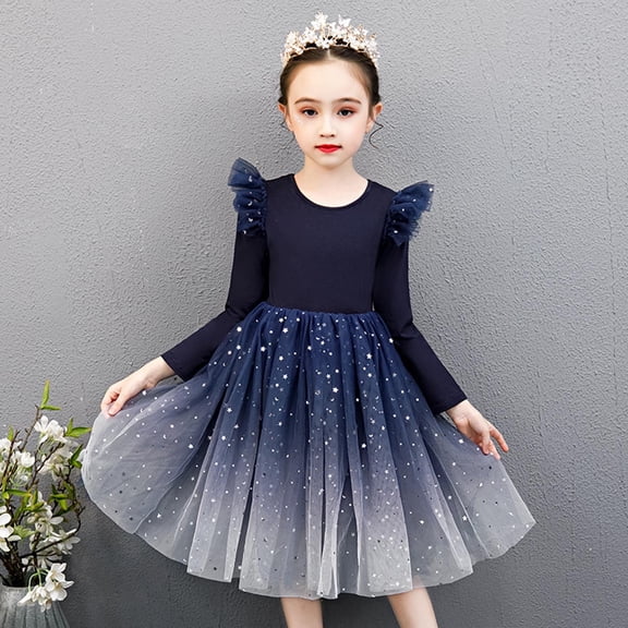 ZHOGXU Toddler Kids Girls Summer Dress Long Sleeve Round Neck Sequins Mesh Comfortable Elegant Tutu Dresses For Party,Navy,3-4 Years