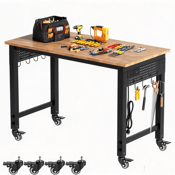 SOLAURA 48" Adjustable Workbench with Wheels, Wood Rolling Workbench with Pegboards, Power Outlets & Hooks, Heavy-Duty Work Table for Garage, Workshop, Office, Home