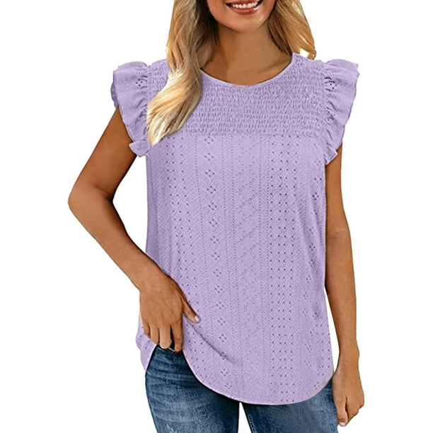 Playeras,Blusas y Tops,Ropa para Mujer Verano Tops Camiseta sin mangas con volantes y costuras de tela jacquard hueca de cuello redondo para mujer (Purple, M)