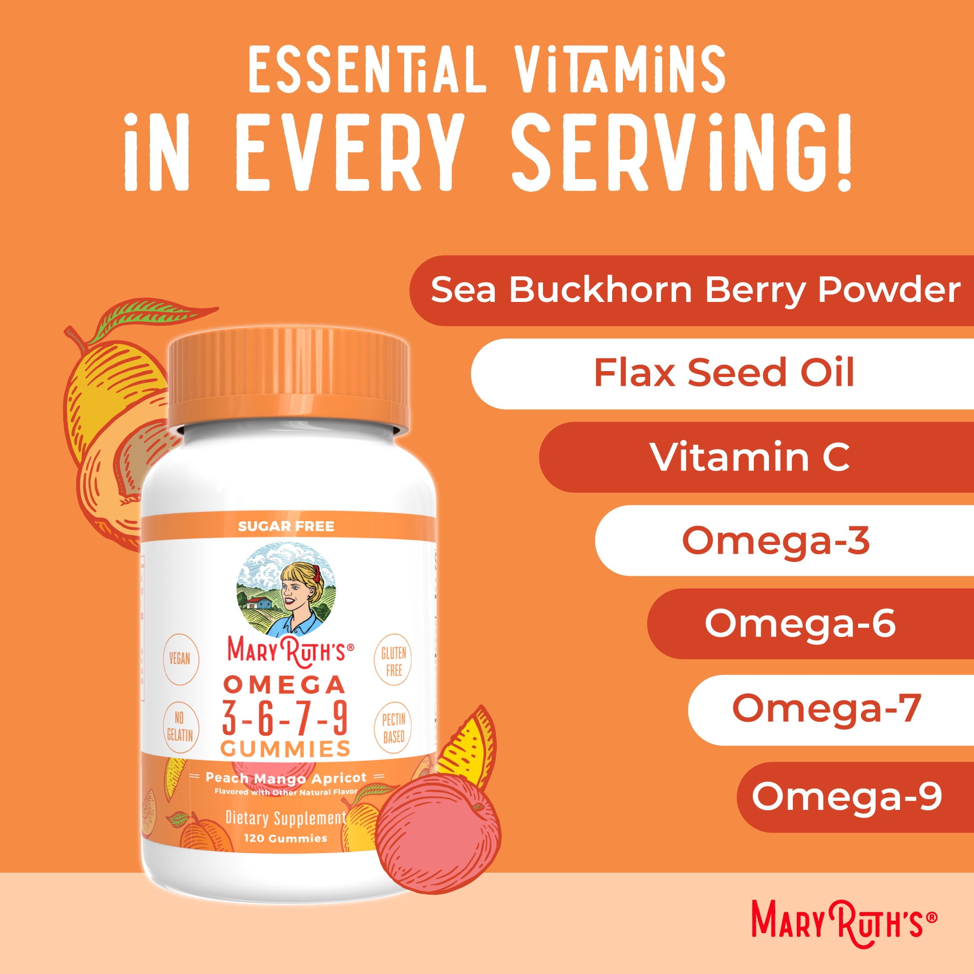 MaryRuth's Omega 3-6-7-9 Dietary Supplements, Vegan, Gluten-Free, Dairy-Free Gummies, 120 Count