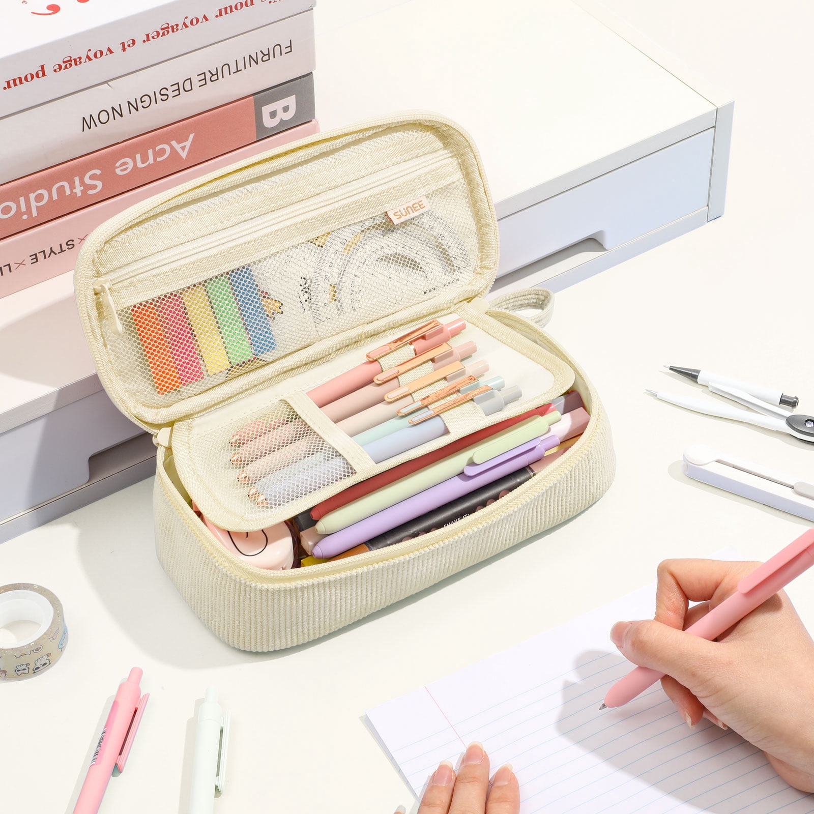 SUNEE Cute Pencil Case, Large Capacity Pencil Pouch Aesthetic Zipper Pencil Bag, Big Storage Pen Organizer for Stationery, Soft Corduroy Pencil Box Back to School Supplies for Teen Girls Boys, Beige