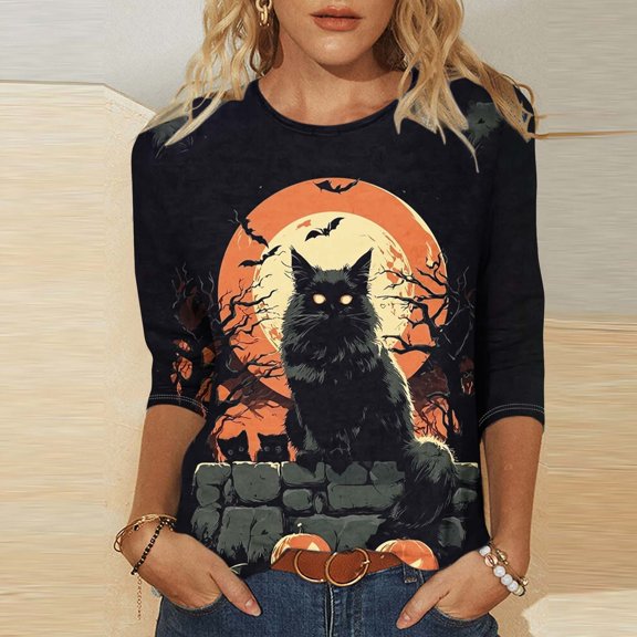Mifsaly Halloween Tops for Women 2026 Vintage Witch Graphic Blouse Crewneck 3/4 Sleeve Casual Fall Holiday Party Shirts Multicolor,XXL