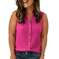 thumbnail image 4 of Women's Plus Size Sleeveless Button Down Shirts Dressy Casual Summer Blouses V Neck Cotton Linen Tops Business Work Tank Top | CSEONE,Hot Pink 4XL, 4 of 5