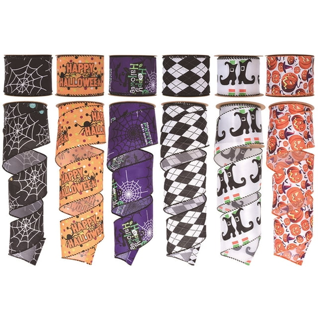FAROOT 5 Yards Halloween Wired Ribbon Spider Web Print/Checkerboard Pattern DIY Craft Ribbons for Home Party Decor