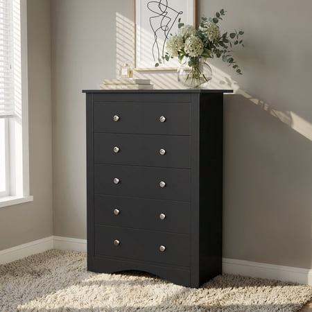 Homall 5 Drawer Tall Dresser for Bedroom Wide Storage Cabinet for Living Room Wood Chest of Drawers with Metal Handles Black