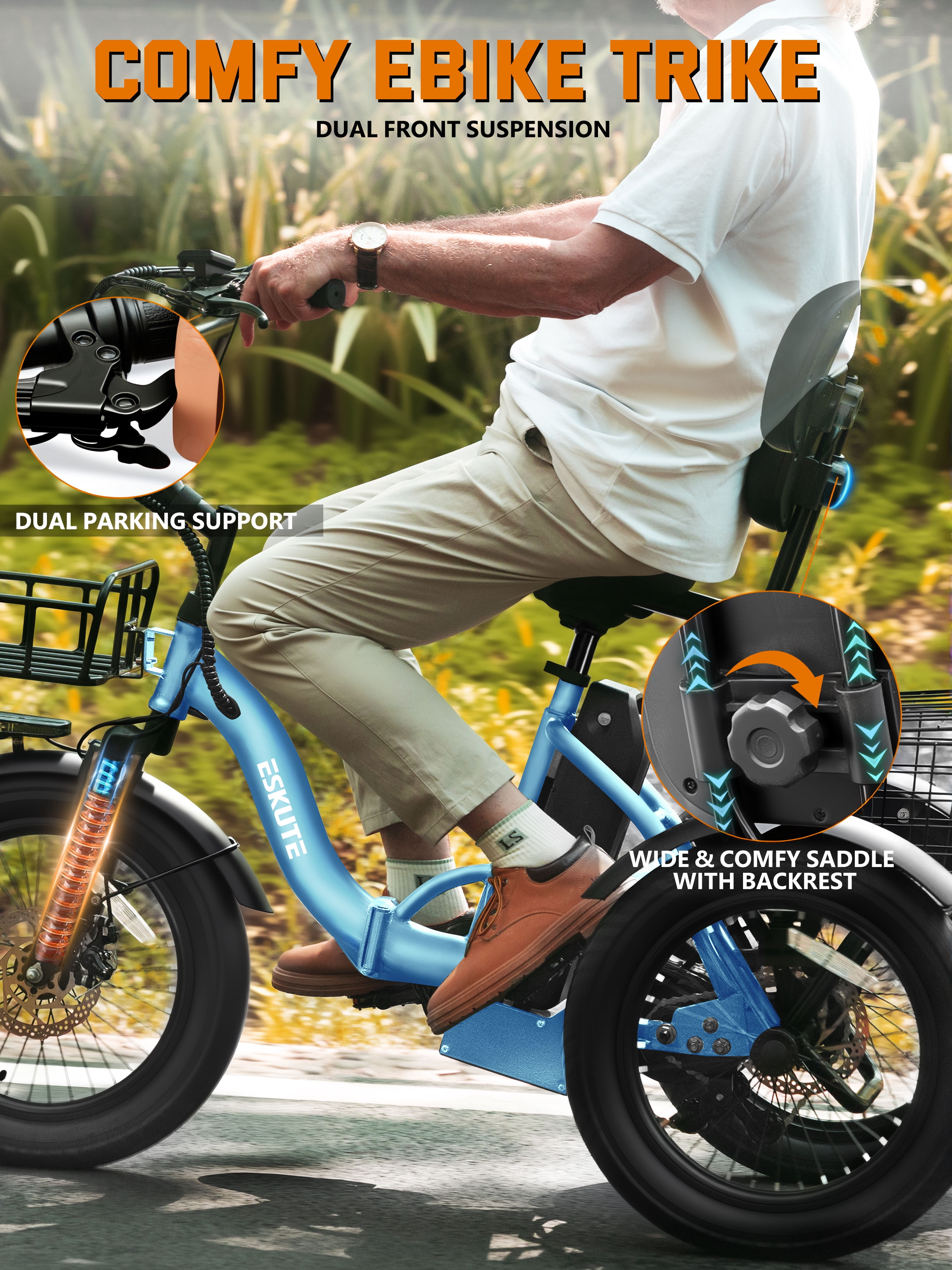 ESKUTE Adult E Trike Electric Tricycle – 750W Brushless Motor, 18+ MPH, Fat Tires, Foldable Step-Thru 3-Wheel E-Bike, Up to 55 Miles, Blue