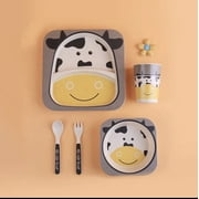 4mamaD 5Pcs Bamboo Children Dinnerware Set, Design Baby Cow, Dishwasher Safe Kids, BPA free.