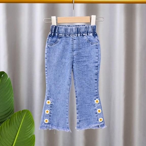 Kids Girls Jeans Elastic Waist Wide Leg High Waist Denim Pants Casual Denim Pants with Pockets for Girls 6-12 Months Cute Girl Clothing