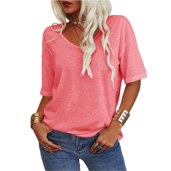 Women's Summer V-neck Solid Color Half Sleeve Match Simple Casual T-shirt Tops