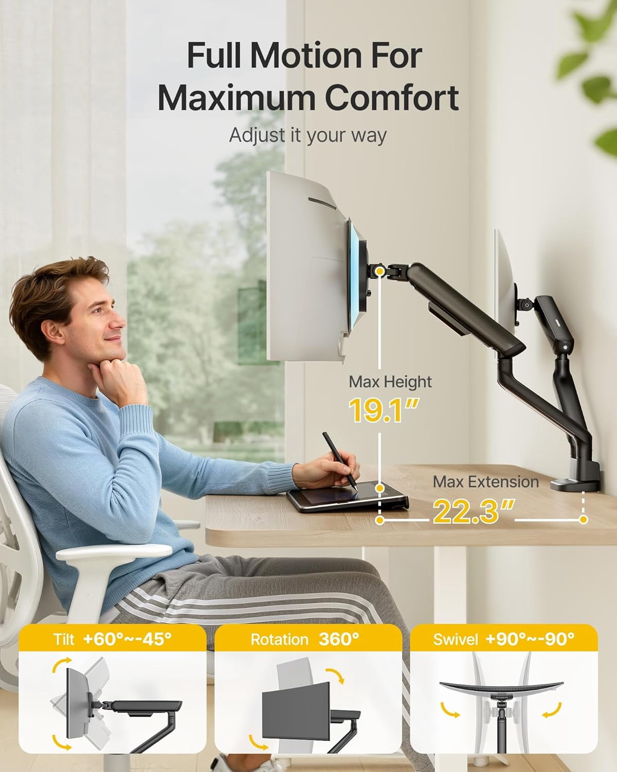 monTEK Dual Monitor Arm, Mechanical Spring Dual Monitor Mount for 17–35" Screens, Holds up to 26.4 lb per Arm, Full Motion Desk Stand with VESA 75x75/100x100, C-Clamp & Grommet