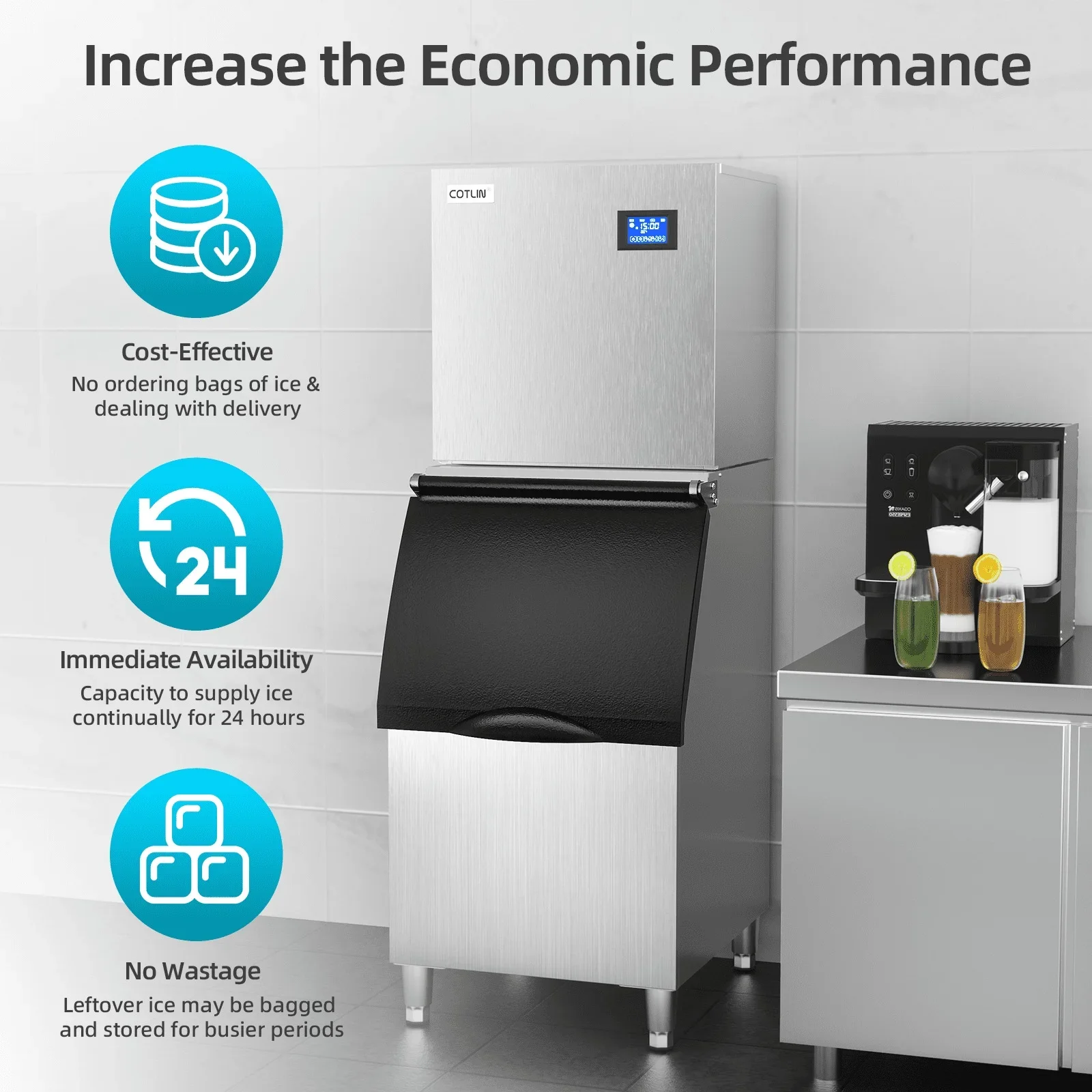 RICODO Commercial Ice Maker Machine 500LBS/24H with 350lbs Ice Bin, Nugget & Clear Cube Pellet Ice, Fast Ice Production in 8-15 Minutes, Efficient & Reliable for Restaurants