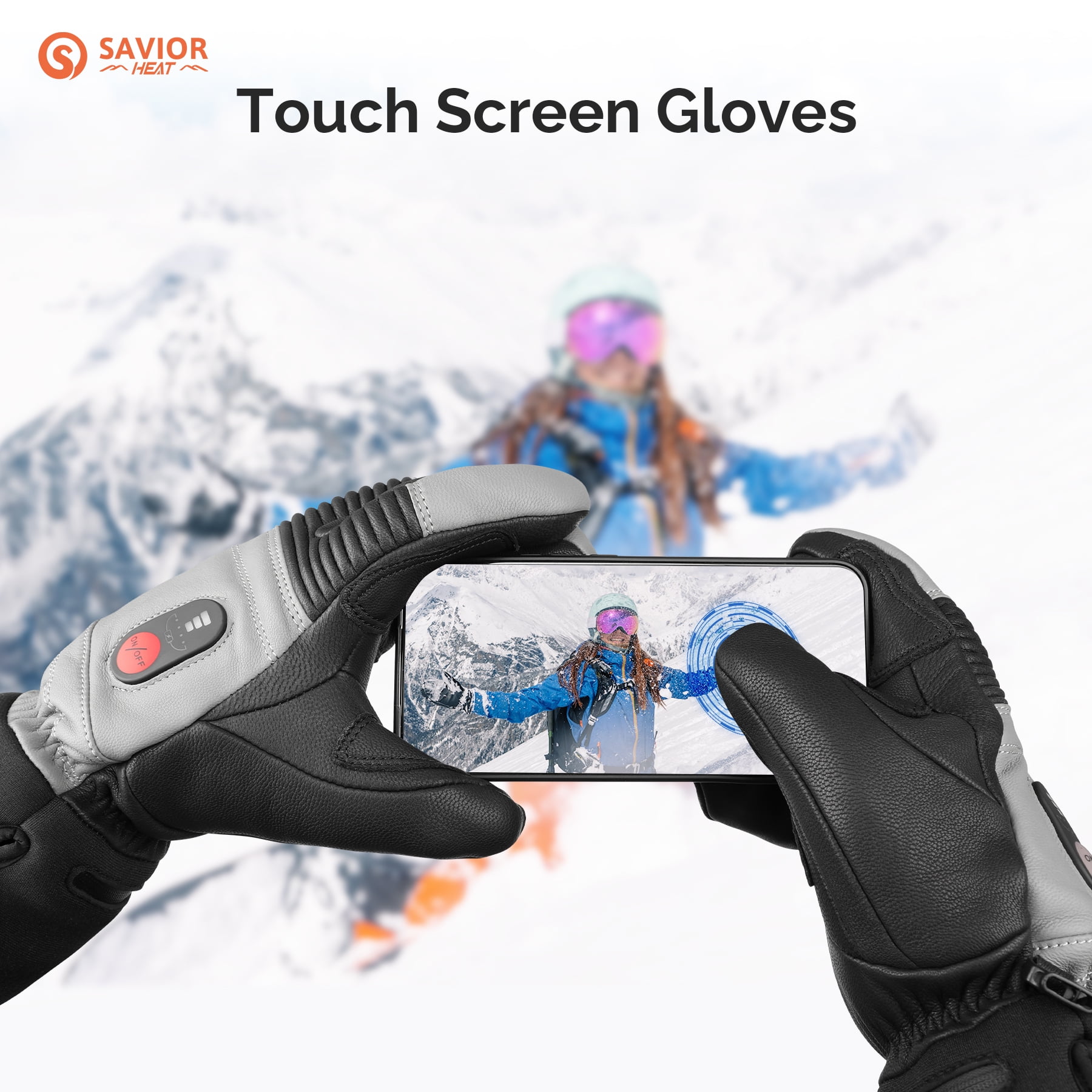 SAVIOR HEAT Heated Ski Mittens suitable for Men and Women - Rechargeable 7.4V 2200mAh Battery, Goatskin Leather, Waterproof/Windproof, 3 Heat Settings, Touchscreen - Ideal for Snowboard, Motorcycle,