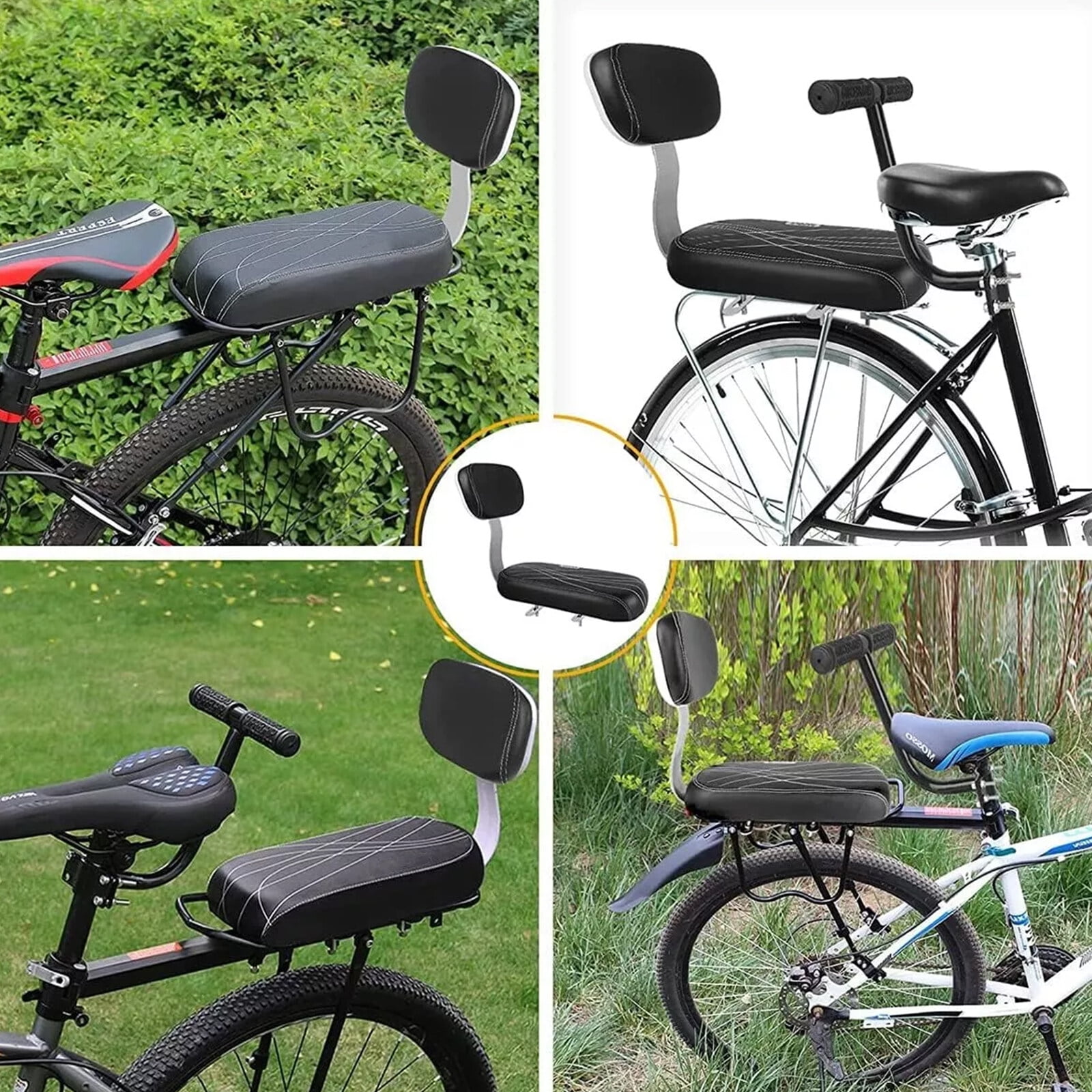 Hinzonek Bike Rear Seat Kit Cushioned Back Seat Backrest Non slip Handrails Foldable Hidden Footrests Handlebar Bell Rear Bicycle Seat for Children Adults White Walmart Business Supplies