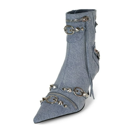 XYD Women s Fashion Rivets Studded Ankle Boots Pointed Toe Kitten Low Heels Zipped Short Booties Dress Clubs Shoes Size 6.5 Dusty Blue Denim