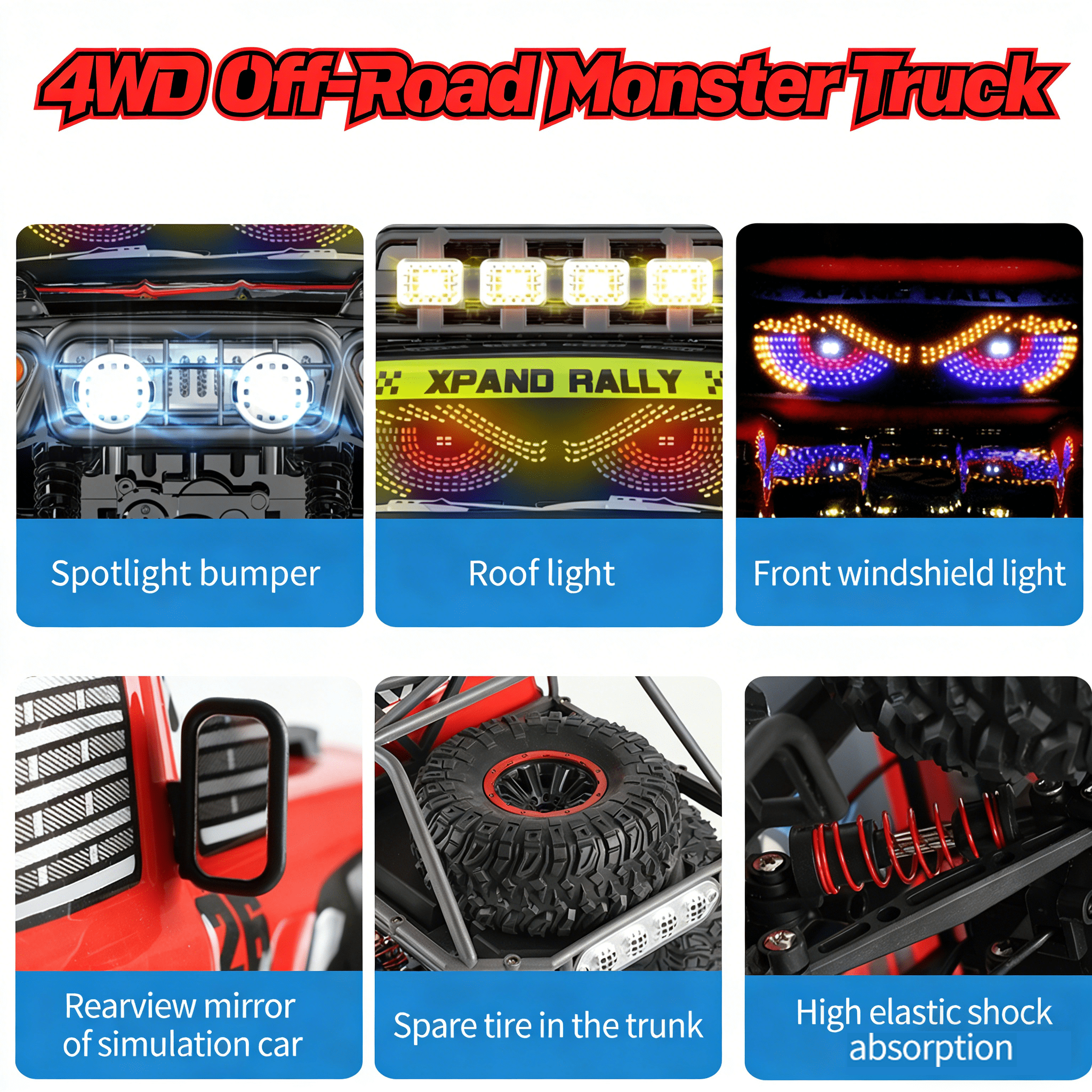HNH 1:10 Big Rock Crawler 4WD Rc Car off Road Monster Truck, 25KM/H Remote Control Car with LED Light, 2400Mah Batteries