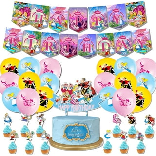 1 PCS Alice in Wonderland Birthday Cake Topper Glitter Magical Poker Bunny  Bowl Clock Fairy Happy Birthday Cake Pick for Baby Shower Kids Girls