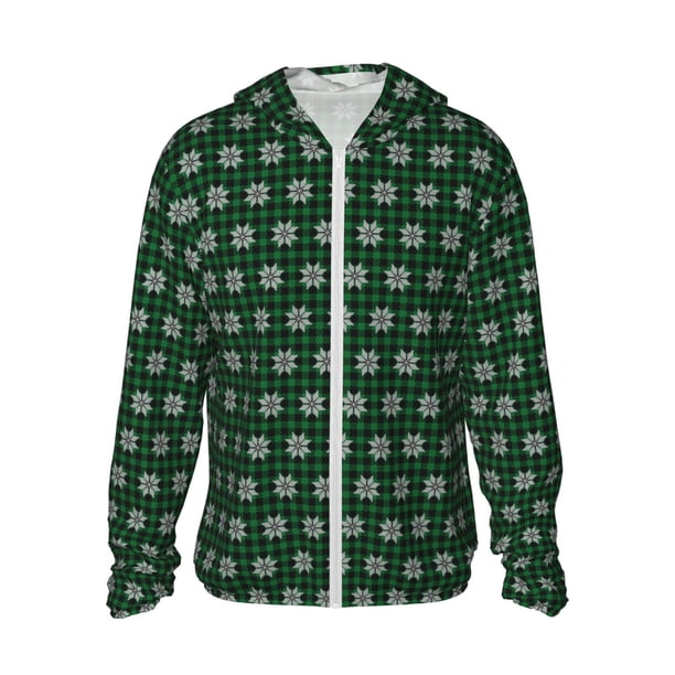 Fotbe Green Buffalo Plaid Merry Christmas Chaqueta con Protección Solar UPF 50+ para Hombre y Mujer, Camisa con Capucha y Bolsillos-Medium