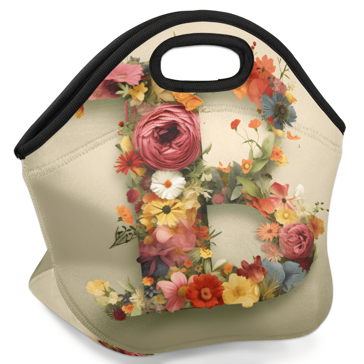 Herdesigns Letter B Neoprene Lunch Bag, Flower Letter B Insulated Lunch Box for Women Men Washable Lunch Tote Soft Lunch Container With Zipper for Work Picnic Travel