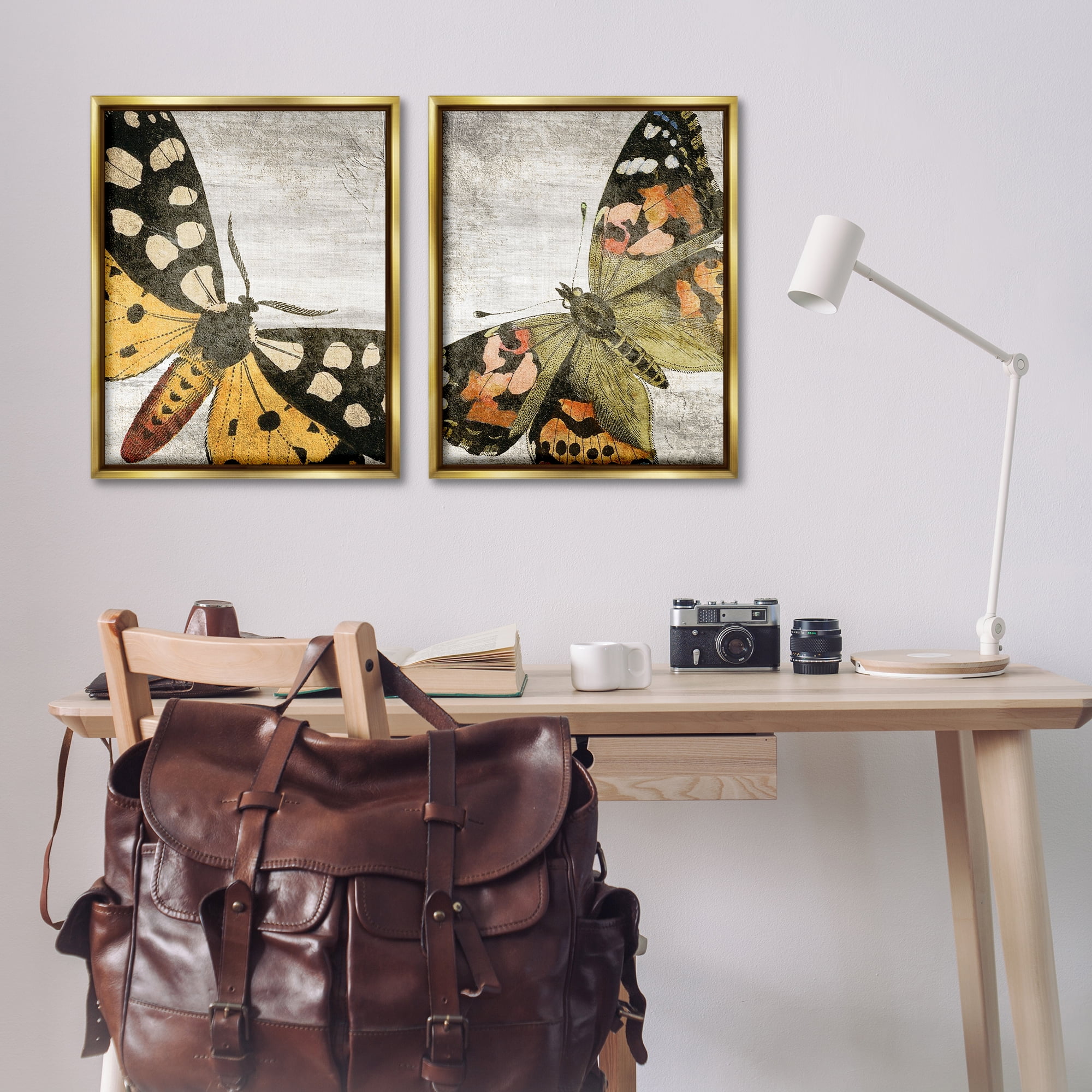 Stupell Industries Vintage Spotted butterflies Animals Painting Gold Floater Framed Canvas Art Print Wall Art, 31 x 25, Set of 2