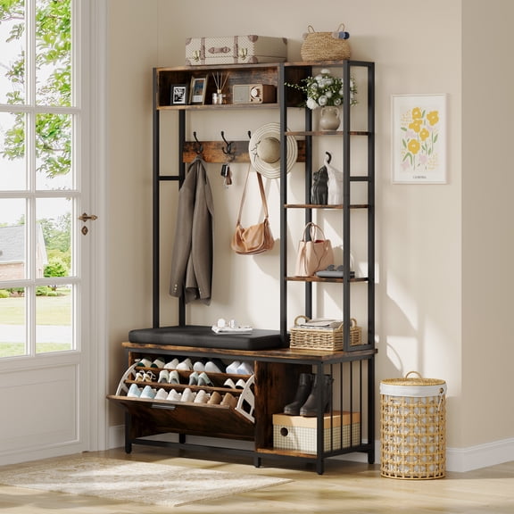 Hall Tree with Bench and Shoe Storage, Farmhouse Entryway Bench with Flip Drawer, 4 Coat Racks and Open Shelves for Hallway, Bedroom, Brown