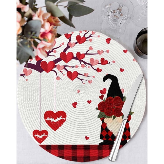13 Inch Round Placemats Set of 6, Red Gnomes Valentines Day Non Slip Heat Insulation PP Table Mats, Love Heart Tree Roses Plaid Washable Place Mats for Kitchen Dining Party Table Decor