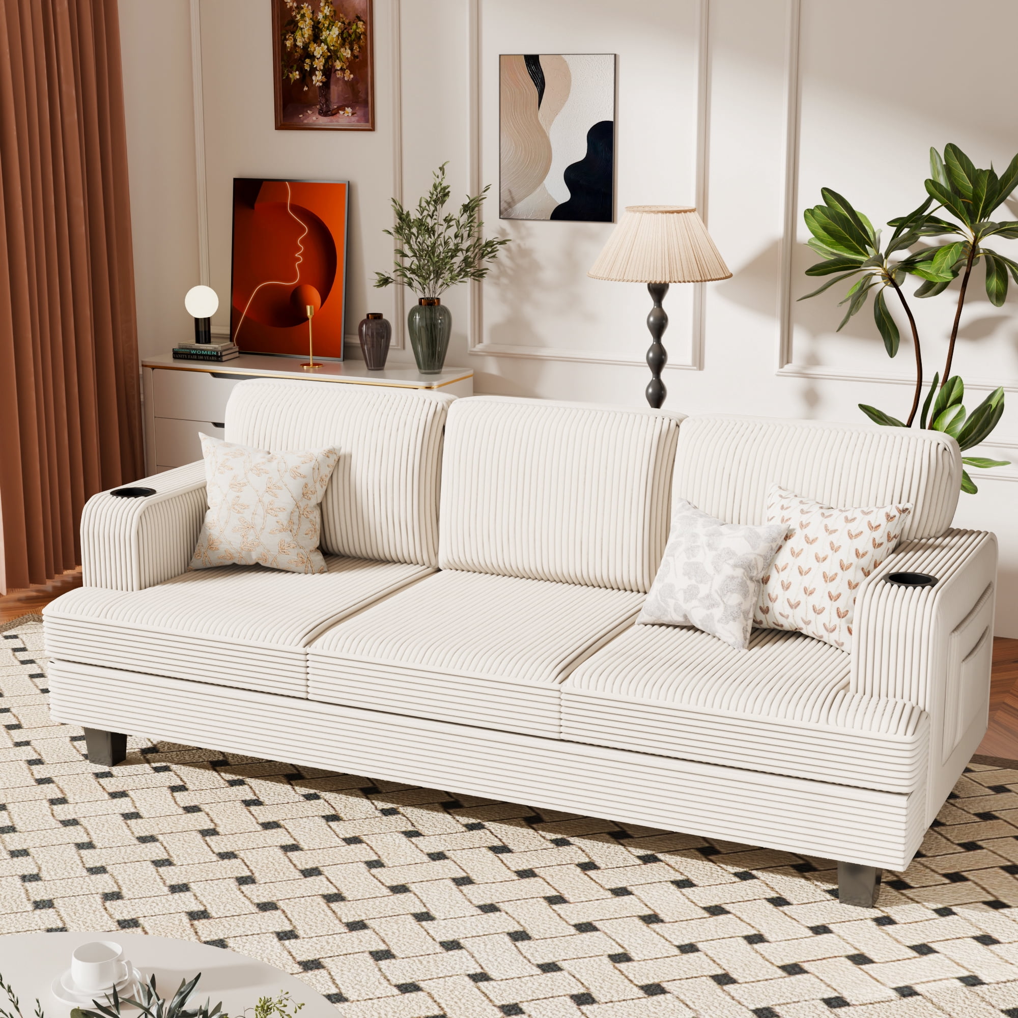 Homall 84''W Modern Sofa 3 Seat Adult Corduroy Couch with Wide Armrest Fabric Couch with USB Charging Ports for Living Room, Beige