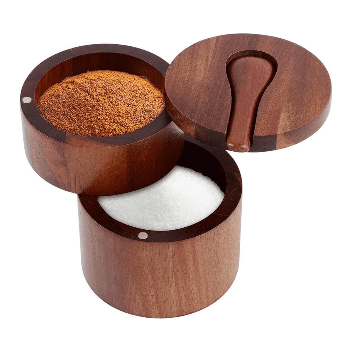 Cave à sel avec cuillère, boîte à sel en bois, couvercle pivotant, boîte à sel magnétique, boîte à sel en bois, boîte de rangement, boîte à sel avec cuillère intégrée, récipient à