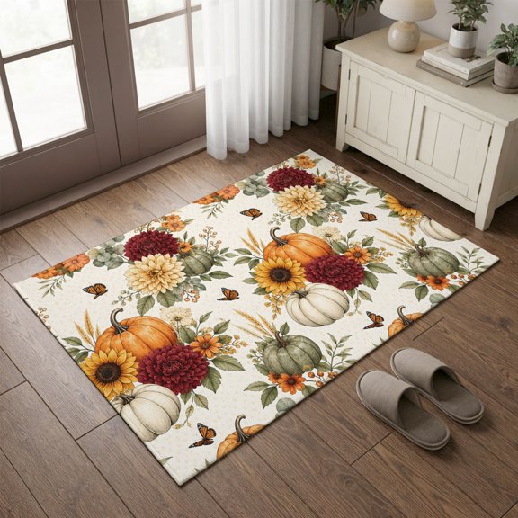 Entryway Rug 2'x3', Vintage Pumpkins Fall Kitchen Runner Rugs Non-Slip Carpet Mats, Sunflower Chic Floral Thanksgiving Bedside Rugs Runners Washable Floor Carpet for Bathroom Laundry Room