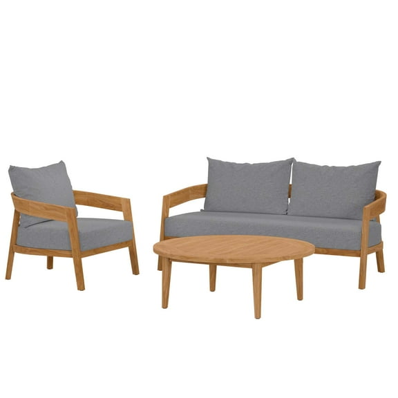 Lounge Sectional Sofa Chair Table Set, Grey Gray Natural, Teak Wood, Fabric, Modern Contemporary, Outdoor Patio Balcony Cafe Bistro Garden Furniture Hotel Hospitality