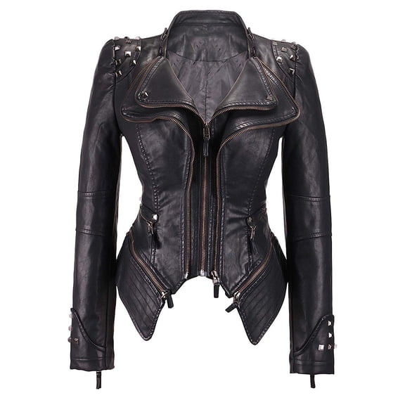 Drovellove Women's Leather Long Sleeve Jacket with Short Lapel Collar - Sleek Fitted Silhouette for Night Out or Date Night, Versatile Motorcycle Biker Style Layer for All Season Wear