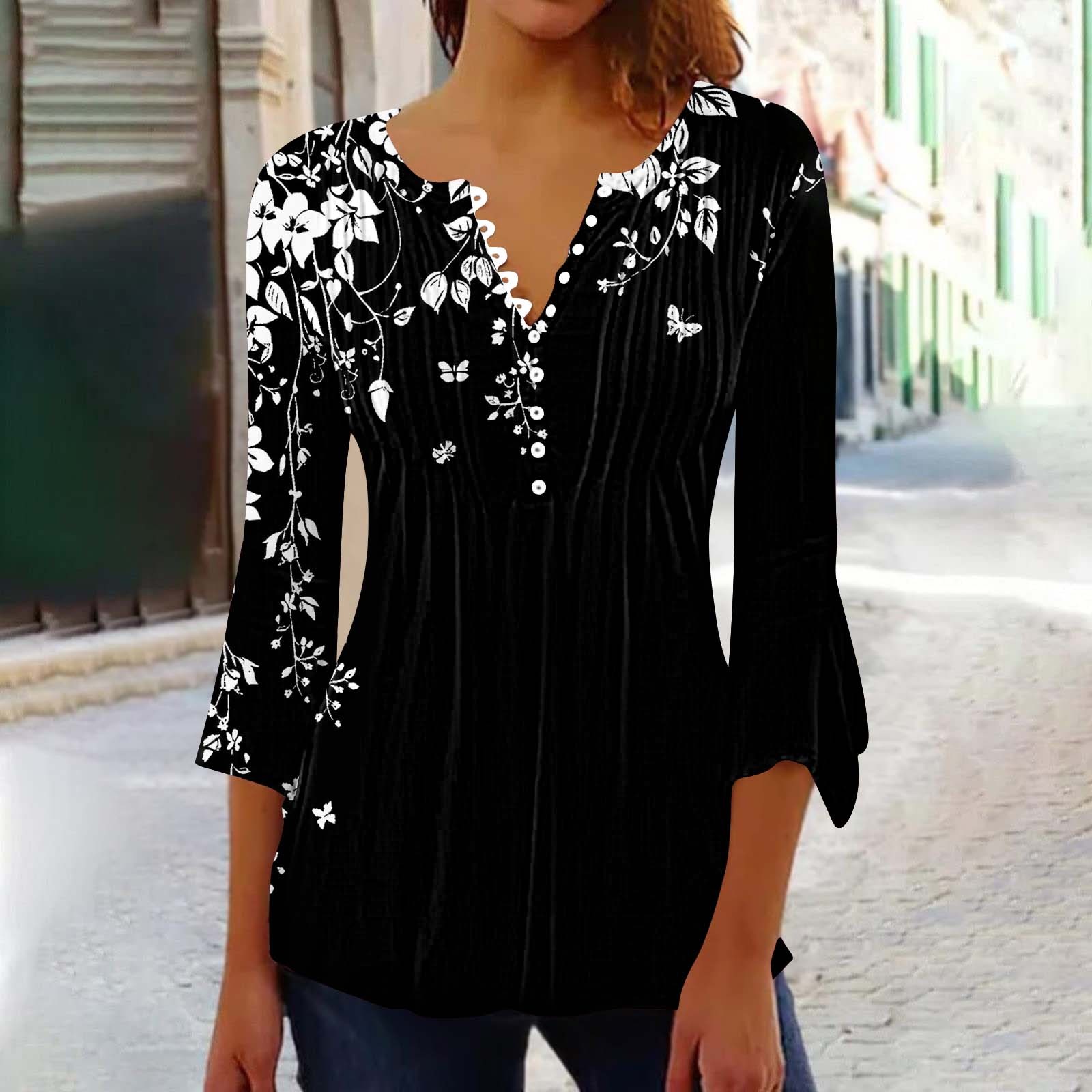 Charella 3/4 Length Sleeve Womens Tops Fashion V Neck Ruffle Sleeve Tunic Shirts Casual Loose Fit Blouses S Wine