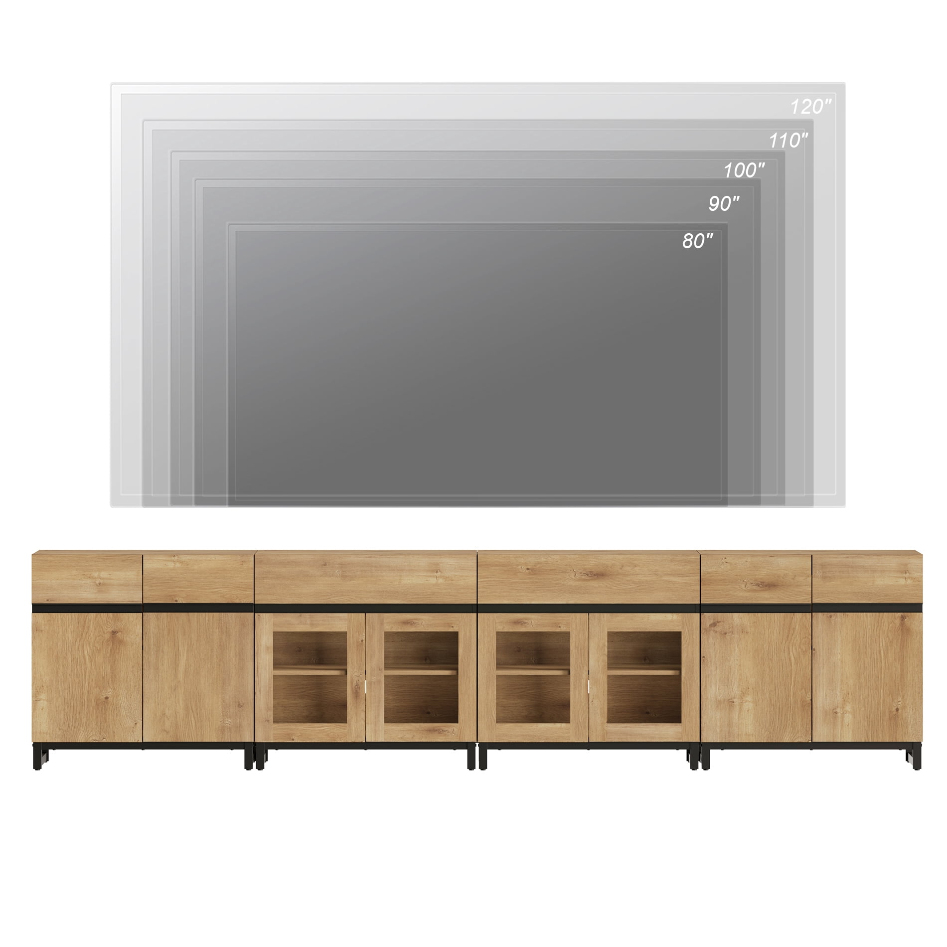 Modern TV Stand For Tvs Up To 120 Inches, 4 In 1 TV Console With Glass Doors And 2 Drawers, Media Console With Adjustable Shelf For Living Room,Oak