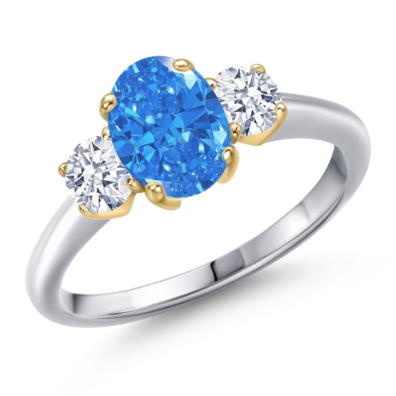 Gem Stone King 10K Two Tone Gold Fancy Blue Zirconia and White Zirconia Engagement Ring for Women | 1.71 Cttw | Oval 8X6MM | Gemstone Birthstone | Size 8