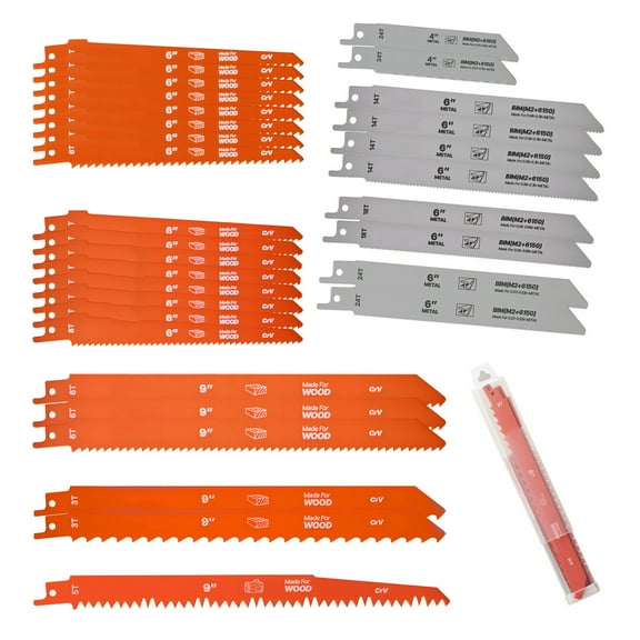 KFFKFF 32-Piece Reciprocating Saw Blade Set, Assorted Sizes Bi-Metal Blades with Universal Shank, Designed for Cutting Metal and Wood, Durable Teeth for Efficient and Clean Cuts, Orange and Gray