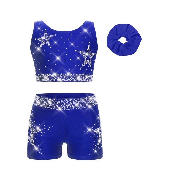 Hansber Kids Girls Cheerleading Outfits 3Pcs Rhinestones Dance Crop Top and Gymnastics Shorts Set with Hair Band Blue 8