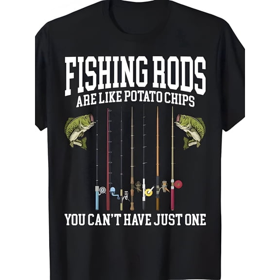 Men's Funny Fishing T-Shirt with "A Fishing Rod is Like Potato Chips" Print - 100% Cotton Casual Round Neck Short Sleeve Tee, Humorous Gift for Anglers & Outdoor Enthusiasts