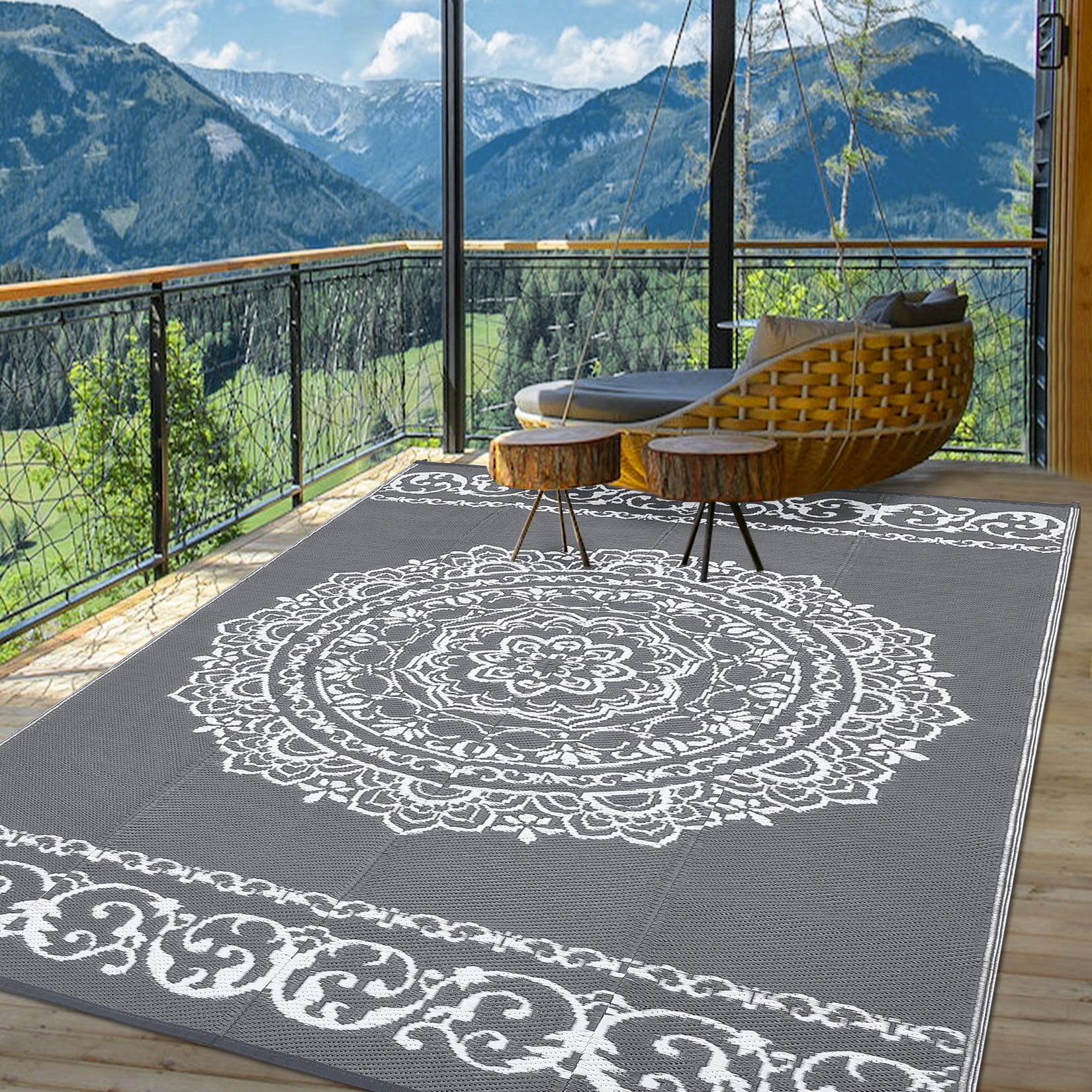 Gavee 5'x8' Boho Outdoor Rug, Waterproof Reversible Patio Area Rug Indoor Outdoor Carpet, Plastic Straw Rug RV Outdoor Mat for Camping Deck Balcony, Porch, Picnic, Gray and White