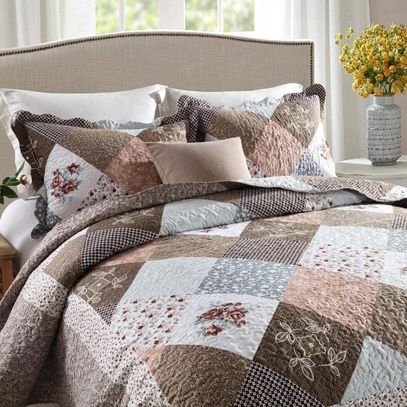 Quilt Bedspread Sets-Checkered Floral Reversible Coverlet Set,Queen Size