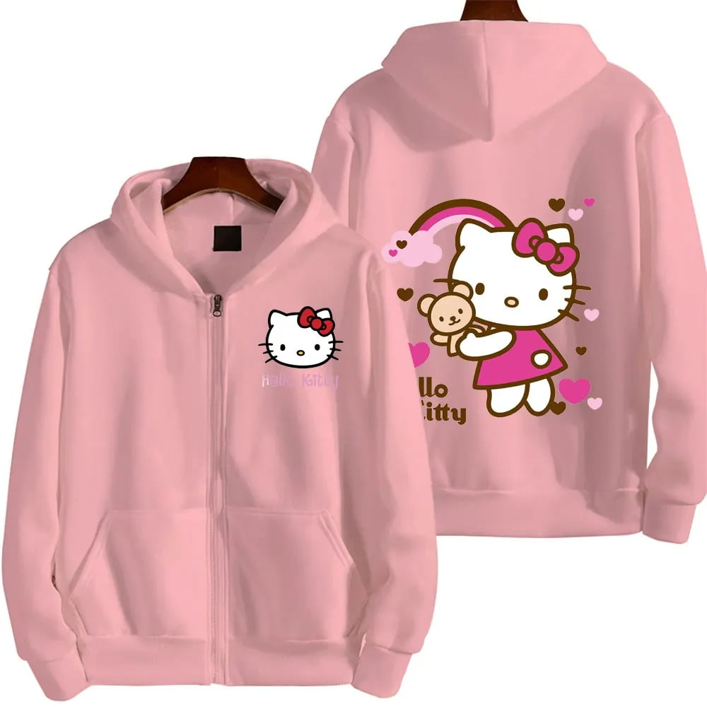 Chandail à Capuchon à Fermeture Éclair pour Femmes Automne Hiver Mignon Kawaii Sanrio Hello Kitty Motif