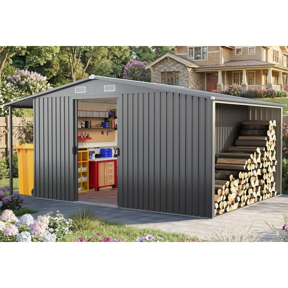 Quictent 10x14 FT Outdoor Metal Storage Shed, 3-in-1 Garage & Workshop with Side Lean-to, Waterproof Steel Shelter for Ride-on Mower, Motorcycle, Dark Gray 169''x114''x84'